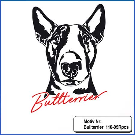 Hunde Motiv Bullterrier Motiv gestickt Stickerei Bull Terrier mit Herz gestickt