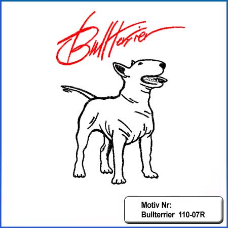 Hunde Motiv Bullterrier Motiv gestickt Stickerei Bull Terrier mit Herz gestickt