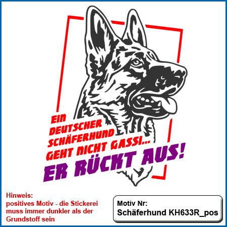 Hunde Motiv Schaeferhund rückt aus Deutscher Schäferhund sticken gestickt Stickerei DSH Schäferhund liegend komplett gestickt German Shepherd sticken