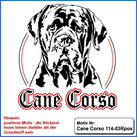 Cane Corso Hunde Motiv sticken Cane Corso Kopf Stickerei T-Shirt sticken mit Cane Corso und Schriftzug Cane Corso